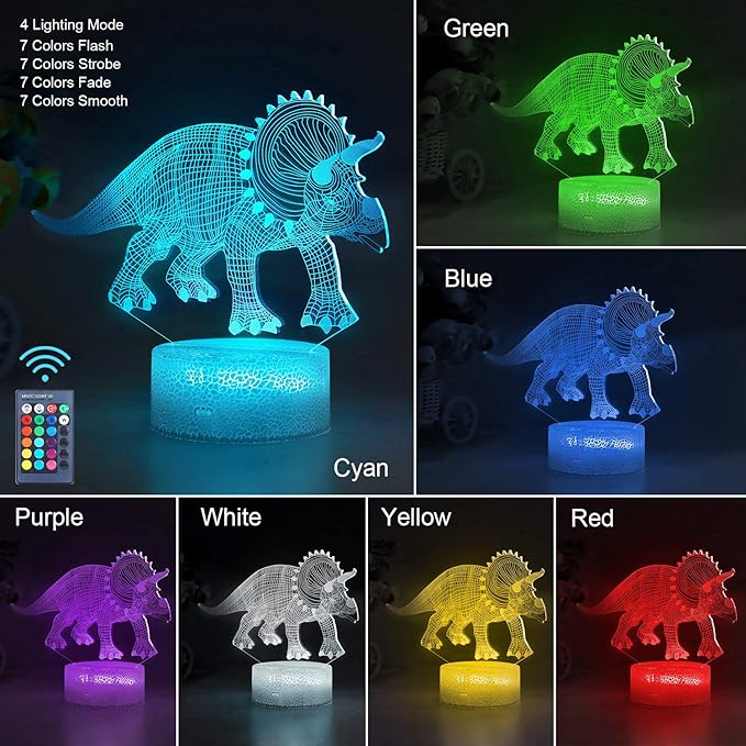 VSATEN Dinosaur Night Light for Kids, 3D Illusion Lamp 3-Pattern & 16 Colors Changing LED Dino Nightlight with Smart Touch & Remote Control, Dinosaur Gifts for Boys Girls Age 4 5 6+ Year Old - LeafyLoom