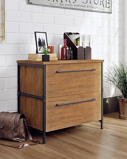 Sauder Iron City Lateral File, L: 31.50" x W: 20.00" x H: 30.00", Checked Oak Finish - LeafyLoom