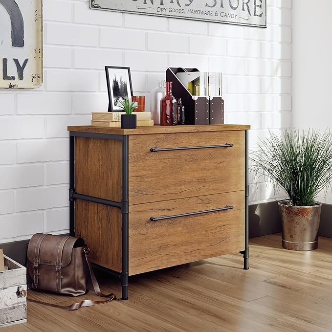 Sauder Iron City Lateral File, L: 31.50" x W: 20.00" x H: 30.00", Checked Oak Finish - LeafyLoom