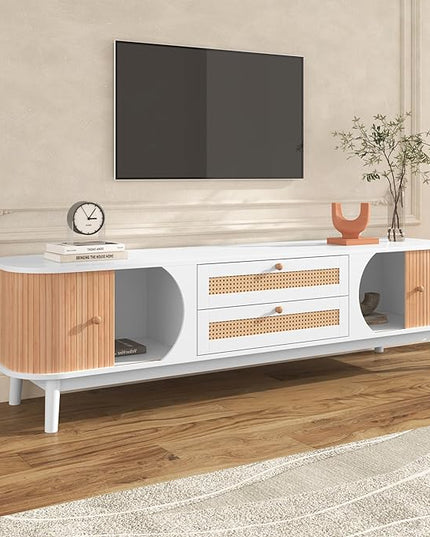 Merax Rattan TV Stand for TVs up to 75", Modern Farmhouse Media Console with Multi-Functional Storage, Boho Entertainment Center with Solid Wood Legs, Television Cabinet for Living Room, Natural+White - LeafyLoom