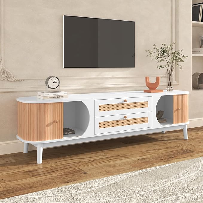 Merax Rattan TV Stand for TVs up to 75", Modern Farmhouse Media Console with Multi-Functional Storage, Boho Entertainment Center with Solid Wood Legs, Television Cabinet for Living Room, Natural+White - LeafyLoom