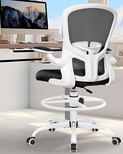 FelixKing Drafting Chair, Tall Office Chairs with Footrest Ring, Home Standing Desk High Chair with Lumbar Support Adjustable Counter Height Ergonomic Swviel Rolling Chairs for Working (White) - LeafyLoom