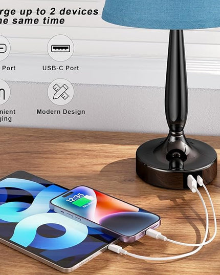 Touch Bedside Lamp for Bedroom with USB C Port, Small Touch Table Lamp with 2 USB Charging Ports, 3 Way Dimmable Nightstand Lamp for Living Room and Office - Turquoise Blue (LED Bulb Included) - LeafyLoom