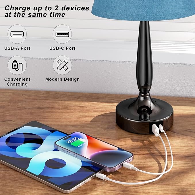 Touch Bedside Lamp for Bedroom with USB C Port, Small Touch Table Lamp with 2 USB Charging Ports, 3 Way Dimmable Nightstand Lamp for Living Room and Office - Turquoise Blue (LED Bulb Included) - LeafyLoom