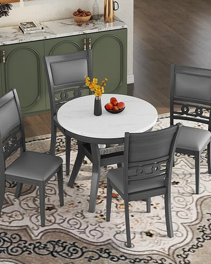 5-Piece Retro Round Dining Table Set with Faux Marble Veneer and Bottom Shelf, 4 PU Leather Upholstered Chairs, for Kitchen, Breakfast Nook, Bar, Living Room, Gray, 35" L x 35" W x 30" H - LeafyLoom