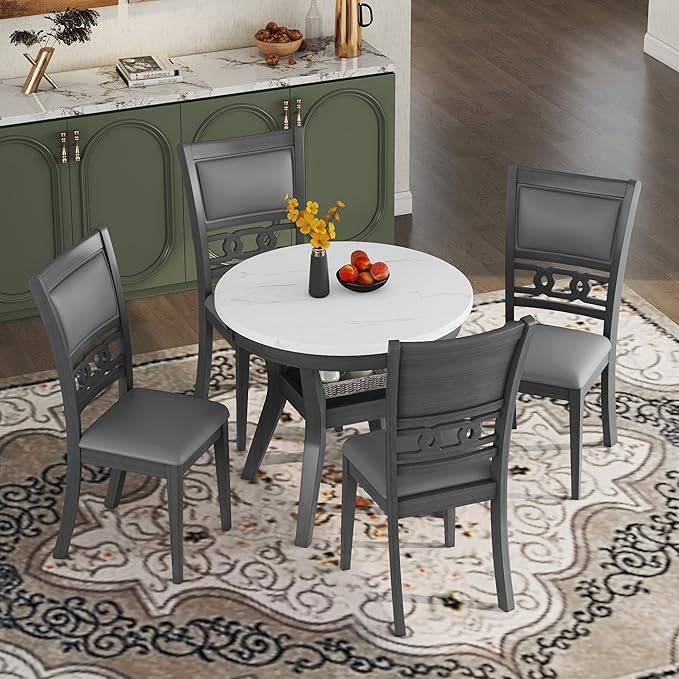 5-Piece Retro Round Dining Table Set with Faux Marble Veneer and Bottom Shelf, 4 PU Leather Upholstered Chairs, for Kitchen, Breakfast Nook, Bar, Living Room, Gray, 35" L x 35" W x 30" H - LeafyLoom