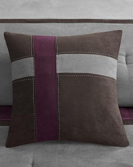 Madison Park Palisades Comforter Set Modern Faux Suede Pieced Stripe Design, All Season Down Alternative Cozy Bedding with Matching Shams, Decorative Pillows, King(104"x92"), Purple 7 Piece - LeafyLoom