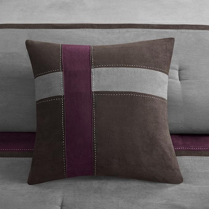 Madison Park Palisades Comforter Set Modern Faux Suede Pieced Stripe Design, All Season Down Alternative Cozy Bedding with Matching Shams, Decorative Pillows, King(104"x92"), Purple 7 Piece - LeafyLoom