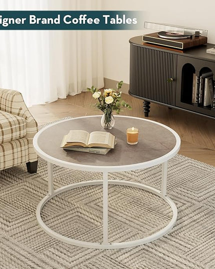 SAYGOER Marble Coffee Table Small Round Center Table Simple Modern Boho for Living Room Home Office, 27.6 * 27.6 * 17.7, Easy Assembly, Cream White Faux Marble - LeafyLoom