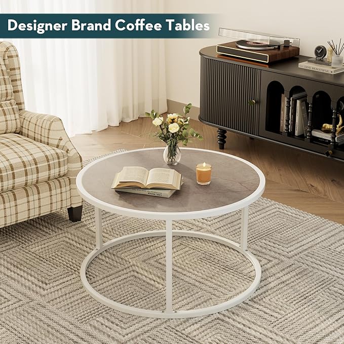 SAYGOER Marble Coffee Table Small Round Center Table Simple Modern Boho for Living Room Home Office, 27.6 * 27.6 * 17.7, Easy Assembly, Cream White Faux Marble - LeafyLoom