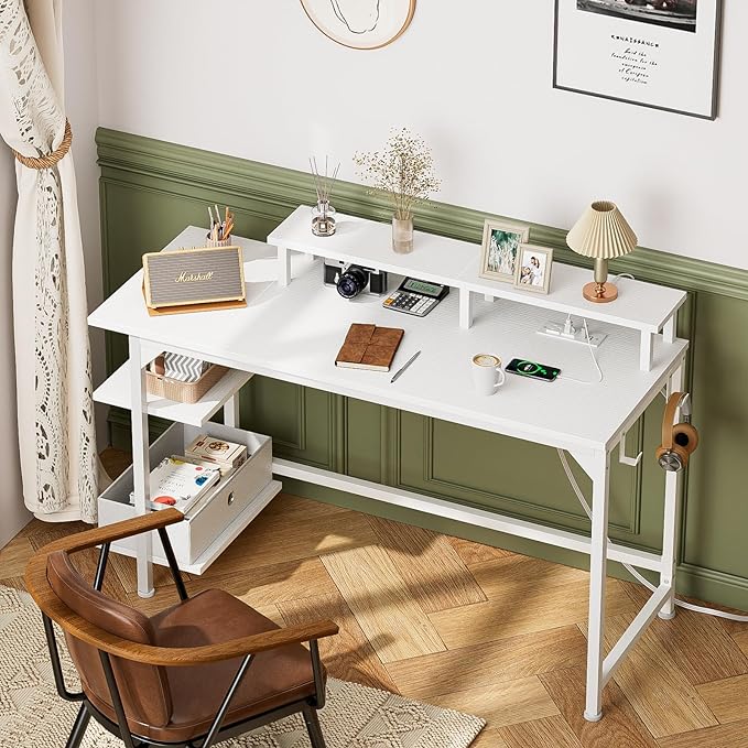 Furologee White Gaming Desk with Charging Station and LED Lights, 55" Office Computer Desk with Reversible Shelves and Fabric Drawer, Study Table with Monitor Stand and 2 Hooks for Home Office - LeafyLoom