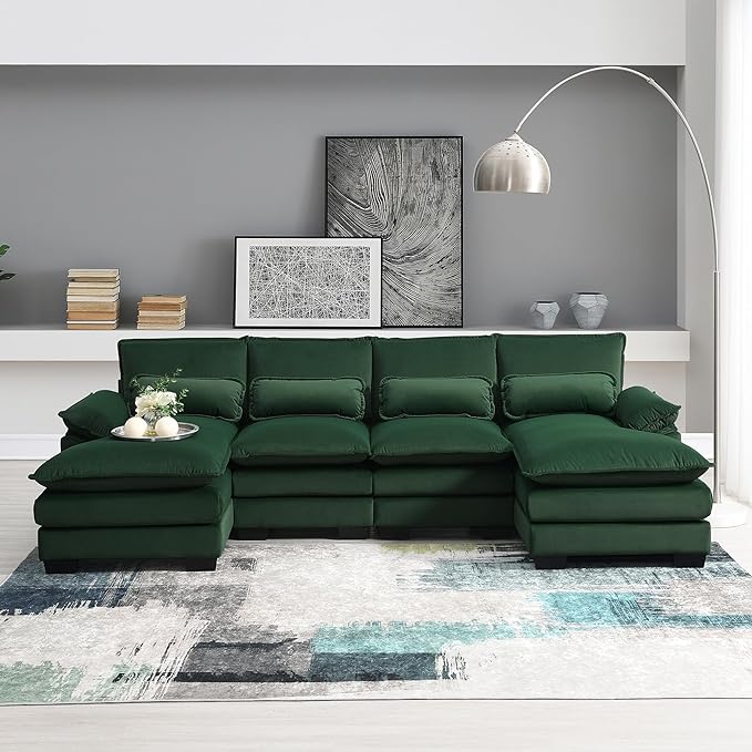 Symmetrical Modular Sectional Sofa with Chaise Lounge, 6 Seater Velvet Upholstered Cloud Couch, U Shaped Oversized Sleeper Sofa&Couches with Thicked Cushion & Detackable Backrest Living Room - LeafyLoom