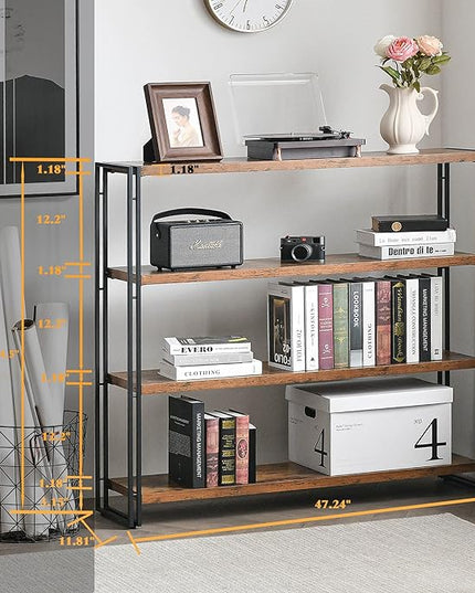 Bookshelf,4-Tier Industrial Bookcase,Rustic Wood and Metal Open Display Book Shelves Home Office,Bedroom Standing Shelf Unit,Horizontal Kitchen Shelf Organizer,Bathroom Storage Rack Mid Century 47in - LeafyLoom