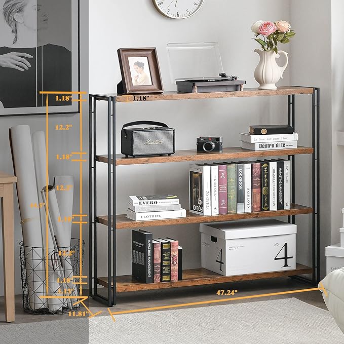 Bookshelf,4-Tier Industrial Bookcase,Rustic Wood and Metal Open Display Book Shelves Home Office,Bedroom Standing Shelf Unit,Horizontal Kitchen Shelf Organizer,Bathroom Storage Rack Mid Century 47in - LeafyLoom