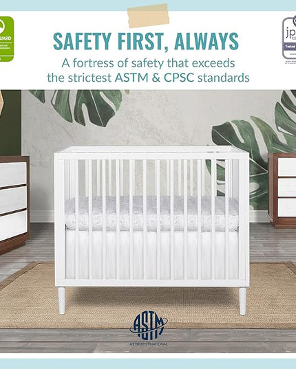 Lucas Mini Modern Crib with Rounded Spindles in White , 39x25.5x33 Inch (Pack of 1) - LeafyLoom