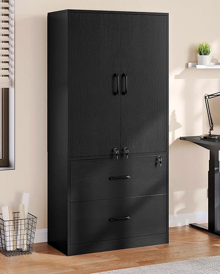 YITAHOME Wood File Cabinets, Heavy Duty Garage Tool Cabinets with Doors & Adjustable Shelves, Big Storage Filing Lockers for Home Office, Living Room, Pantry, Gym, Basement, Warehouse, Black - LeafyLoom