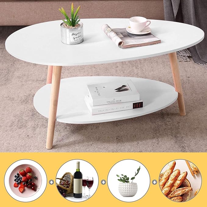 Maupvit Coffee Table-Oval Wood Table with Open Shelving for Storage and Display 2 Tier Sofa Table, Small Modern Furniture Living Room&Home Office-White - LeafyLoom