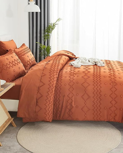 EMME Queen Comforter Set - 7 Pcs Pumpkin Boho Bedding Sets, Full Size Tufted Comforter with Sheets, Shabby Chic Embroidery Queen Bed Set Fluffy Bed Bag for All Season(90"X90") - LeafyLoom