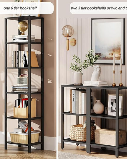 TUTOTAK Bookshelf, 6-Tier Tall Book Shelf, Narrow Bookcase for Small Space, DIY Stackable Bookshelf, for Living Room, Office, Study, Entryway, Industrial, Black BS01BK006 - LeafyLoom