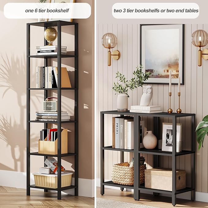 TUTOTAK Bookshelf, 6-Tier Tall Book Shelf, Narrow Bookcase for Small Space, DIY Stackable Bookshelf, for Living Room, Office, Study, Entryway, Industrial, Black BS01BK006 - LeafyLoom