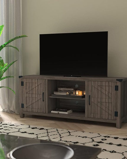 Flash Furniture Modern Farmhouse Barn Door TV Stand - Gray Wash Oak 59 Inch Entertainment Center - For TV's up to 65 Inches - Adjustable Middle Shelf - LeafyLoom