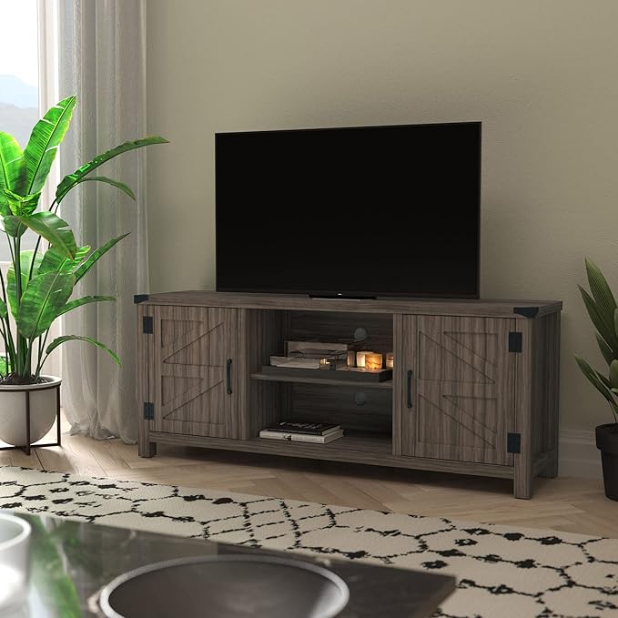 Flash Furniture Modern Farmhouse Barn Door TV Stand - Gray Wash Oak 59 Inch Entertainment Center - For TV's up to 65 Inches - Adjustable Middle Shelf - LeafyLoom