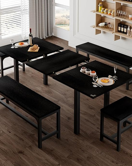 Feonase 5-Piece Dining Table Set for 4-8 People, 63" Large Extendable Kitchen Table Set with 2 Benches and 2 Square Stools, Dining Room Table with MDF Wood Board, Easy Assembly, Black - LeafyLoom