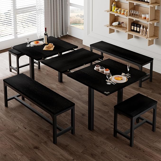 Feonase 5-Piece Dining Table Set for 4-8 People, 63" Large Extendable Kitchen Table Set with 2 Benches and 2 Square Stools, Dining Room Table with MDF Wood Board, Easy Assembly, Black - LeafyLoom