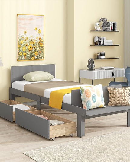 Dolonm Twin Bed Frames for Kids with 2 Drawers, Storage Platform Bed with Footboard Bench, Twin Kids Bed Headboard Frame Pine Wood, High Stable, No Box Spring Needed, Twin Bed for Kids, Grey - LeafyLoom