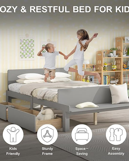 Dolonm Full Bed Frames for Kids with 2 Drawers, Storage Platform Bed with Footboard Bench, Twin Kids Bed Headboard Frame Pine Wood, High Stable, No Box Spring Needed, Twin Bed for Kids, Grey - LeafyLoom