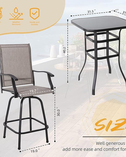 Shintenchi 5 Pieces Outdoor Swivel Bar Set, All Weather Textile Fabric Patio High Bar Stool Bistro Set with 4 Height Back Bar Chairs and Glass Table for Home, Backyard, Garden, Lawn, Porch - LeafyLoom