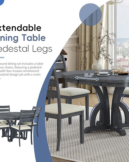 Farmhouse Round Pedestal 15.8" Removable Leaf, Extendable Kitchen w/Ladder Back Chairs, for Small Places, Room, 5 Piece Dining Table Set, Black 4 - LeafyLoom