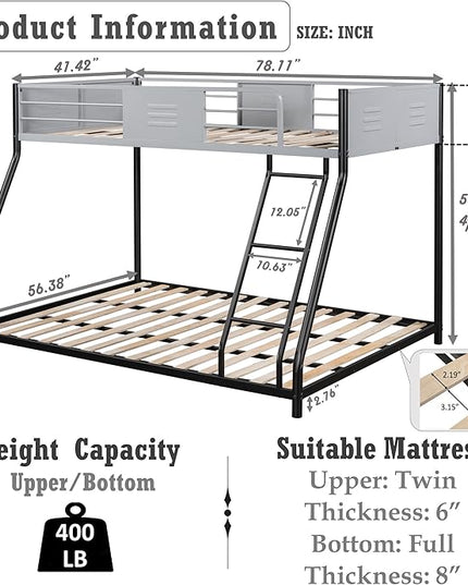 Metal Twin Over Full Bunk Bed, Heavy-Duty Sturdy Metal Frame with Safety Vent Board Guardrail, Low Bunk Beds for Kids, Teens, Adults, No Box Spring Needed - LeafyLoom