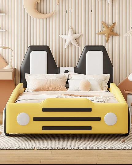 Twin Size Race Car Bed Platform Bed with Wheels and Side Rails,Bed Frame W/Headboard & Slats Support,for Kids Boys Girls Teens,Yellow - LeafyLoom