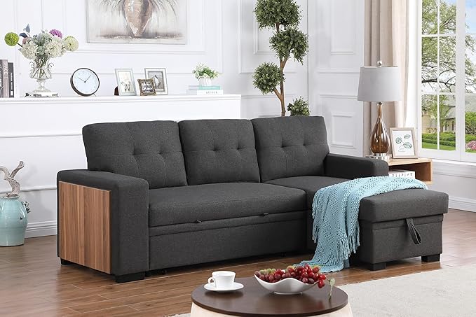 L Shaped Pull Out Couch with Storage Chaise & 3 Removable Back Cushions,Linen Upholstered Sectional Sleeper Sofa Bed W/Side Open Cup Holder&USB Port for Living Room,Office,Dark Grey,92" - LeafyLoom