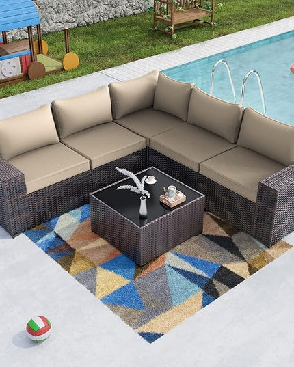 Kullavik 6PCS Outdoor Patio Furniture Set PE Wicker Rattan Sectional Sofa Patio Conversation Sets,Khaki - LeafyLoom