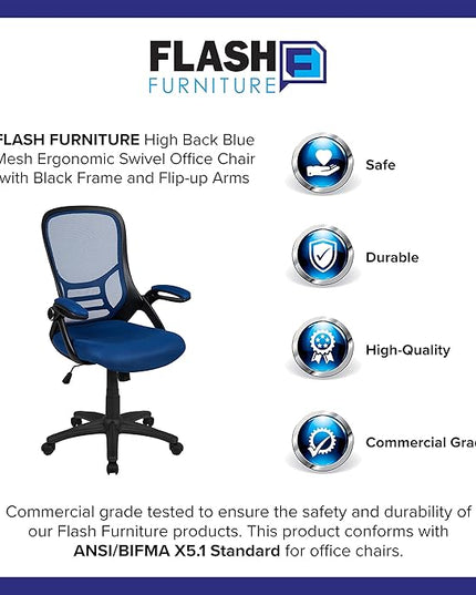 Flash Furniture Porter High-Back Swivel Office Chair with Adjustable Lumbar Support and Seat Height, Ergonomic Mesh Desk Chair with Flip-Up Armrests, Blue/Black - LeafyLoom