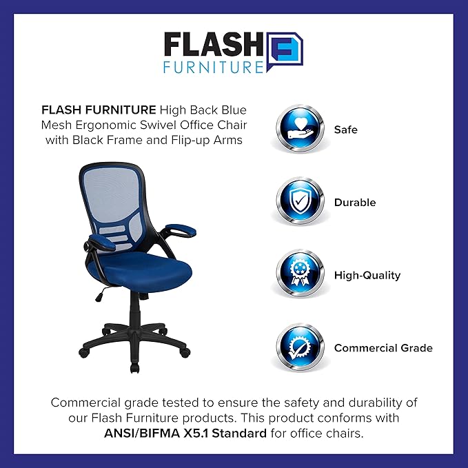 Flash Furniture Porter High-Back Swivel Office Chair with Adjustable Lumbar Support and Seat Height, Ergonomic Mesh Desk Chair with Flip-Up Armrests, Blue/Black - LeafyLoom