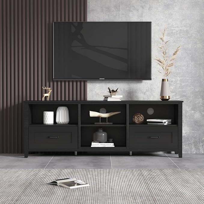 70Inch TV Stand Base, Entertainment Center Cabinet with 2 Drawers and 4 High-Capacity Storage Media Console for Living Room, Black - LeafyLoom