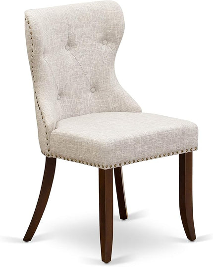 East West Furniture AMSI3-MAH-35 Antique 3 Piece Room Set Contains a Round Kitchen Table with Pedestal and 2 Doeskin Linen Fabric Parson Dining Chairs, 36x36 Inch - LeafyLoom