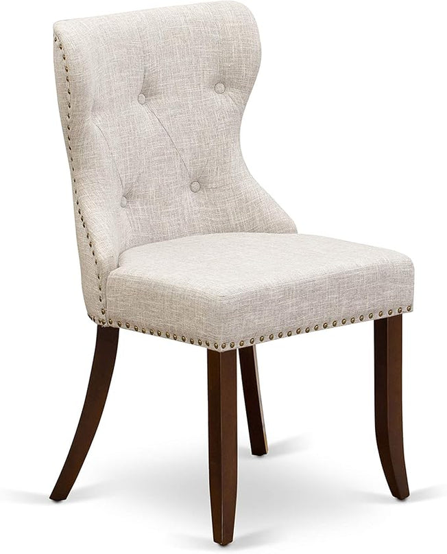 East West Furniture AMSI3-MAH-35 Antique 3 Piece Room Set Contains a Round Kitchen Table with Pedestal and 2 Doeskin Linen Fabric Parson Dining Chairs, 36x36 Inch - LeafyLoom