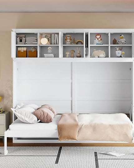 Merax Farmhouse Solid Wood Murphy Bed Chest with Top Cabinets, Storage Wall Platform Bed with Wood Slat Support/Space Saving Queen,White - LeafyLoom