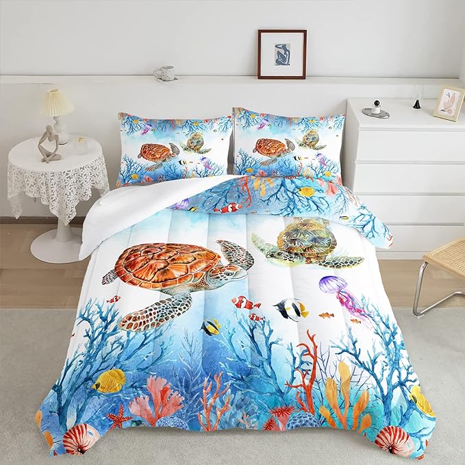 CVHOUSE Sea Turtle Comforter Set,Ocean Watercolor Sea Turtle Bedding Set for Kids Teens,Ocean Sea Turtle Comforter Sea Turtle Duvet Set Room Decor Quilt Set Full Size - LeafyLoom