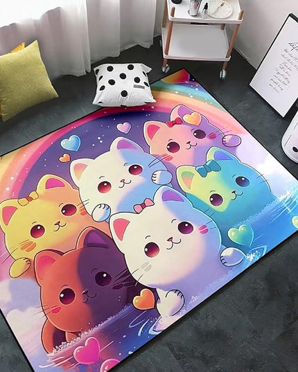 Rainbow Cat Rug for Girls - Colorful Cat Rug for Kids Bedroom Cute Cartoon Cat Pattern Rug Lovely Cat Rugs Room Decor Anime Cat Area Rug, 2.5x4 Feet - LeafyLoom