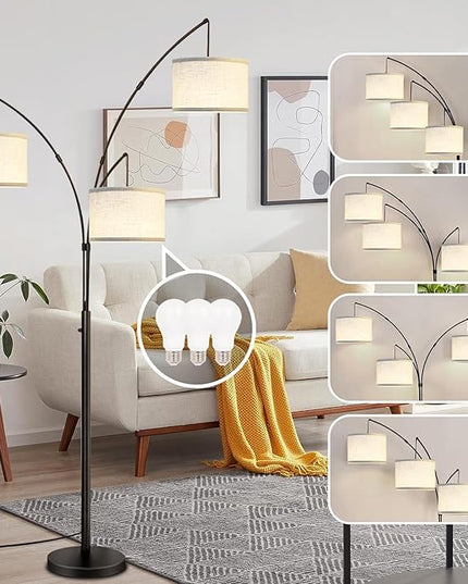 Arc Floor Lamps for Living Room,Modern Mid Century Tall Standing Floor Lamp with Heavy Base for Bedroom Office,3-Light Floor Lamp with Adjustable Hanging and 3 LED Bulbs (Black+White Shade) - LeafyLoom