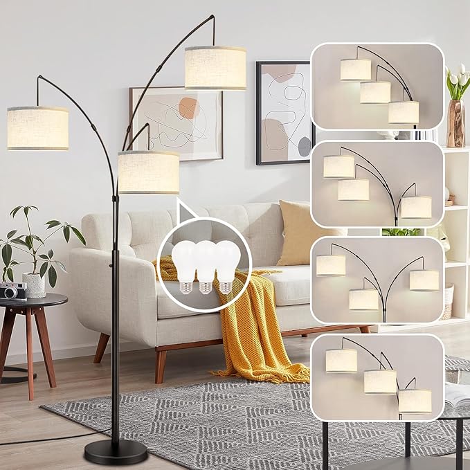 Arc Floor Lamps for Living Room,Modern Mid Century Tall Standing Floor Lamp with Heavy Base for Bedroom Office,3-Light Floor Lamp with Adjustable Hanging and 3 LED Bulbs (Black+White Shade) - LeafyLoom