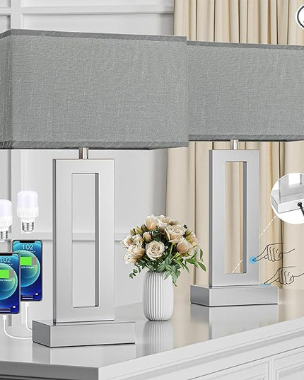 Nightstand Table Lamps for Bedrooms Set of 2 - Touch Bedside Lamp with USB C+A, 3 Way Dimmable Living Room Lamps for End Tables Set of 2, Modern Night Stand Lamps for Bed Side(Grey&Silver) - LeafyLoom