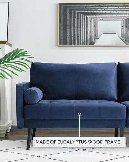Vonanda Velvet Sofa Couch, Mid Century Modern 73 inch 3-Seater Sofa Couches with High-Density Sponge Comfy Tufted Soft Cushion and 2 Bolster Pillows for Living Room, Elegant Royal Blue - LeafyLoom