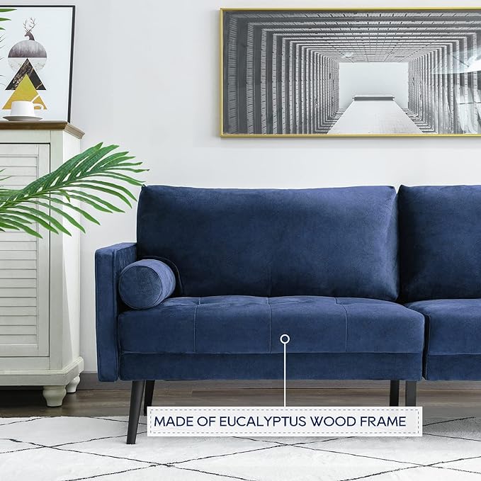 Vonanda Velvet Sofa Couch, Mid Century Modern 73 inch 3-Seater Sofa Couches with High-Density Sponge Comfy Tufted Soft Cushion and 2 Bolster Pillows for Living Room, Elegant Royal Blue - LeafyLoom