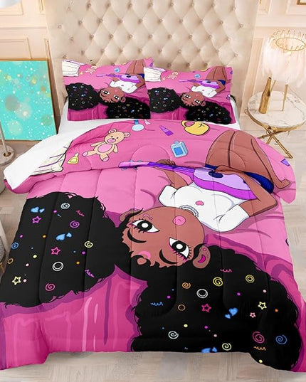 Black Girl Magic Queen Comforter Set - Black African American Girls Queen Bedding Set Princess Queen Comforter Room Decor Black Girl Bedding Sets for Girls Teens, 1 Comforter+2 Pillowcases - LeafyLoom